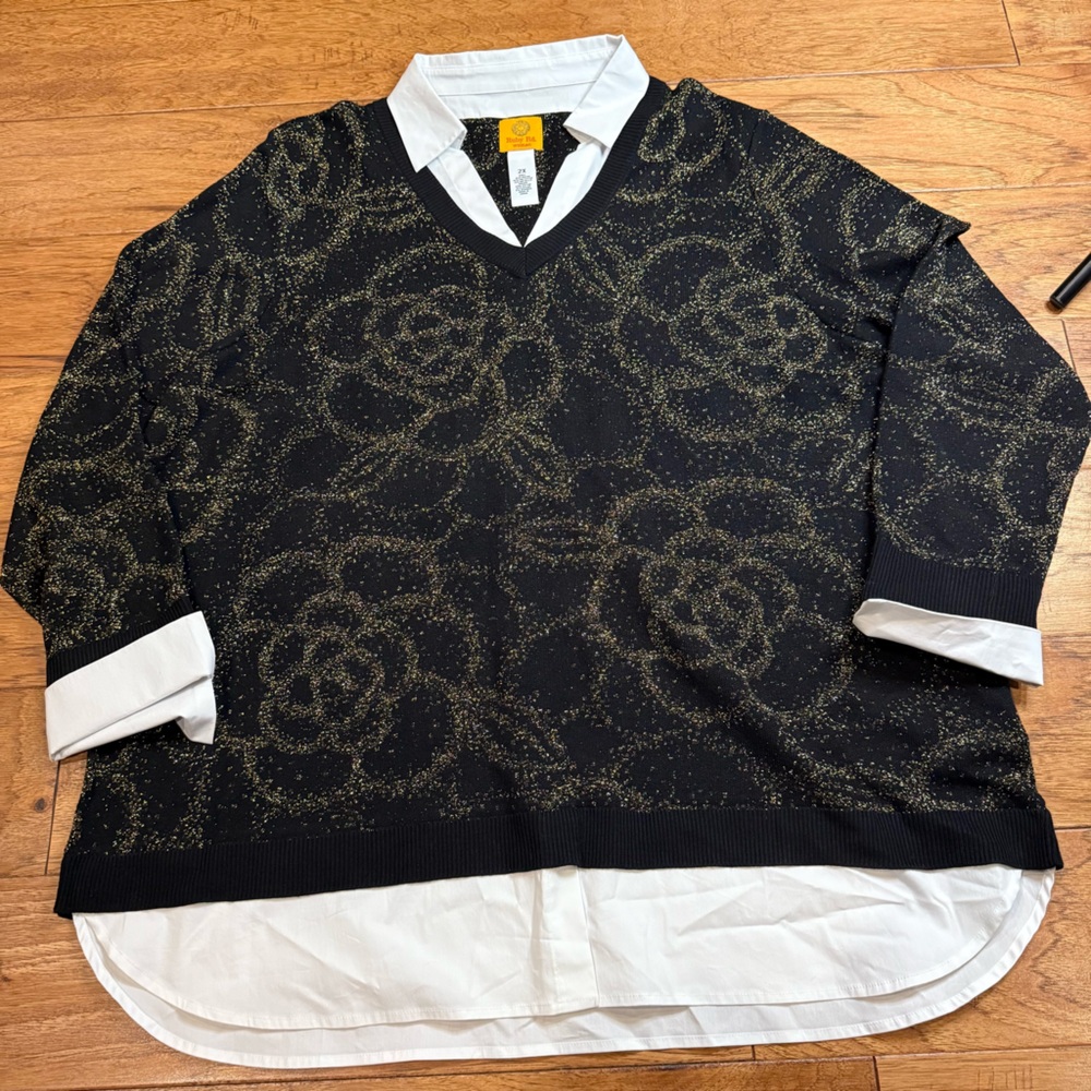 Ruby Rd. Black and Gold V-Neck Sweater - Picture 2 of 6